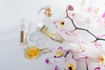 Bottles of perfume with white orchid with purple spots on white background