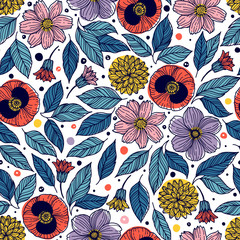 Seamless pattern with decorative flowers. Freehand drawing