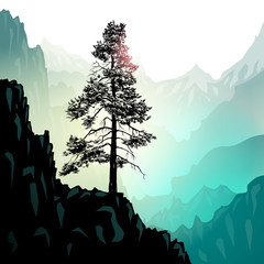 Landscape with mountains and old pine. Banner or card template. Freehand drawing