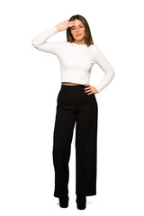 Full body of Pretty woman with glasses with tired and sick expression