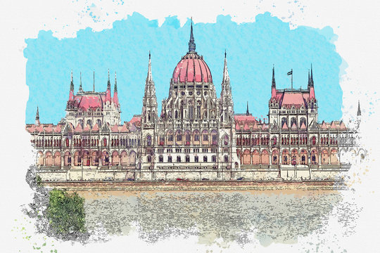 Watercolor sketch or illustration of a beautiful view of the Hungarian Parliament building in Budapest in Hungary. Traditional European architecture