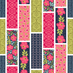 Seamless pattern with decorative flowers, patchwork tiles. Can be used on packaging paper, fabric, background for different images, etc. Freehand drawing