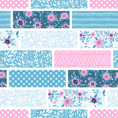 Seamless pattern with decorative flowers, patchwork tiles. Can be used on packaging paper, fabric, background for different images, etc. Freehand drawing