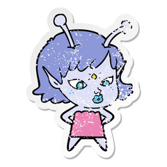 distressed sticker of a pretty cartoon alien girl