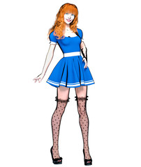 Sexy anime 3d doll japanese anime girl big green eyes.Short blue dress dark stockings.Cartoon, comics, sketch, drawing, manga design.Conceptual fashion art.Isolate illustration for popsocket.