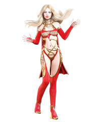 Fototapeta premium Warrior amazon woman in red raincoat and boots. Long blonde hair. Muscular athletic body. Girl standing candid provocative pose. Conceptual fashion art. Realistic 3D rendering isolate illustration.