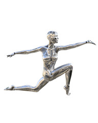 Dance robot woman. Metal shiny silver droid. Artificial Intelligence. Conceptual fashion art. Realistic 3D render illustration. Studio, isolate, high key.