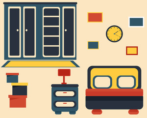 Bedroom in flat style. Set of bed, wardrobe, bedside table, lamp, boxes, paintings and clocks.