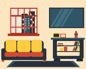 Living room in flat style. The background is a sofa, TV, bedside table, clock, rug and paintings.