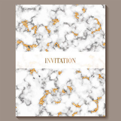 Luxury and elegant wedding invitation cards with marble texture and gold glitter background. Modern wedding invitation
