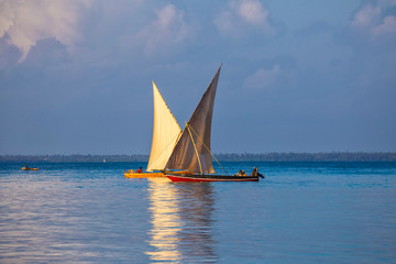 Two sailboats on the water surface.  Zanzibar island , Tanzania, Africa.