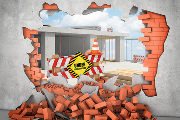 3d rendering of construction site seen through a gap in red brick wall. Building and construction.