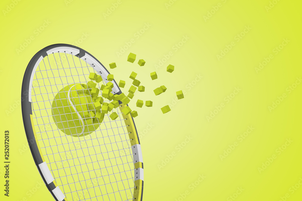 Poster 3d rendering of tennis ball breaking through tennis racket strings on yellow background