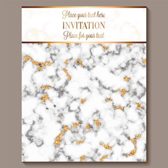 Luxury and elegant wedding invitation cards with marble texture and gold glitter background. Modern wedding invitation