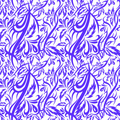 Fototapeta na wymiar Tribal fantasy tropical lilac Flower seamless pattern with leaves, drops and curls on white background. Backdrop vector illustration
