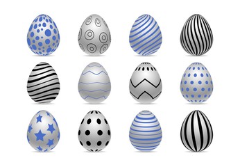 Vector set of decorated realistic chiken eggs isolated on white background with different patterns. Perfect Easter holiday template.Three-dimensional illustration. Eps 10.