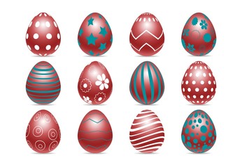 Vector set of decorated realistic chiken eggs isolated on white background with different patterns. Perfect Easter holiday template.Three-dimensional illustration. Eps 10.