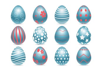 Vector set of decorated realistic chiken eggs isolated on white background with different patterns. Perfect Easter holiday template.Three-dimensional illustration. Eps 10.