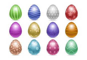 Vector set of decorated realistic chiken eggs isolated on white background with different patterns. Perfect Easter holiday template.Three-dimensional illustration. Eps 10.