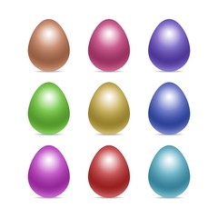 Vector set of decorated realistic chiken eggs isolated on white background with soft shadows. Perfect Easter holiday template.Three-dimensional illustration. Eps 10.
