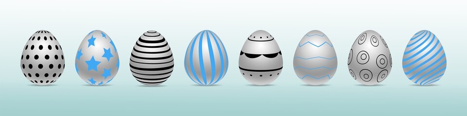 Vector row of realistic chiken eggs isolated on blue background with soft shadow. Perfect Easter holiday template. Decorated in different colors and pattern. Three-dimensional illustration. Eps 10.