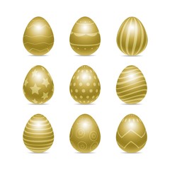 Vector set of gold decorated realistic chiken egg isolated on white background with different patterns. Perfect Easter holiday template.Three-dimensional illustration. Eps 10.