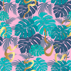 Seamless pattern with snakes and tropical leaves