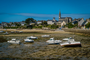 Boats at low tide in Batz island in Bretagne in France