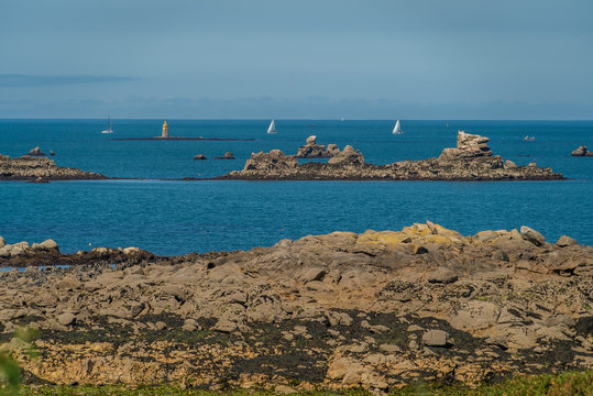White sail boats sailing in Brittany France