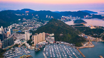 Panoramic view from above of south west Hong Kong Island in Hong Kong, Aberdeen is famous for its...