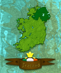 Map of Ireland in the old style. Isle. Great Britain. Old tape.