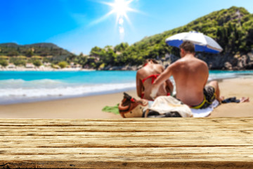 Desk of free space for your decoration. Beach landscape with two lovers on sand. Summer time. 