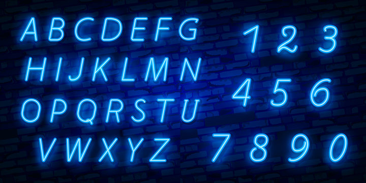 Blue neon English alphabet, digits and signs on brick wall. Characters set. Night bright neon sign, colorful billboard, light banner. Vector illustration in neon style.