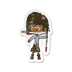 retro distressed sticker of a cartoon woman with knife and harpoon
