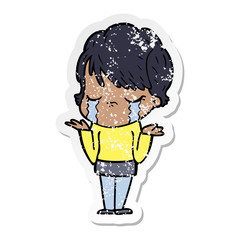 distressed sticker of a cartoon woman crying