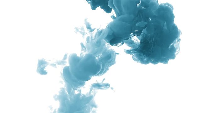 Blue color paint ink drops in water slow motion full hd video white background with copy space. Inky cloud swirling flowing underwater. Abstract isolated smoke explosion