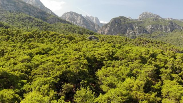 Aerial view of Mountains and Coast National Park in Turkey, Beldibi village