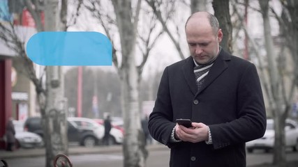 Man chatting via smartphone and shows message bubbles for custom text - Powered by Adobe