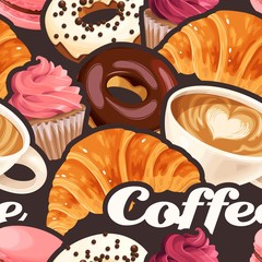 Vector seamless pattern with coffee and donuts