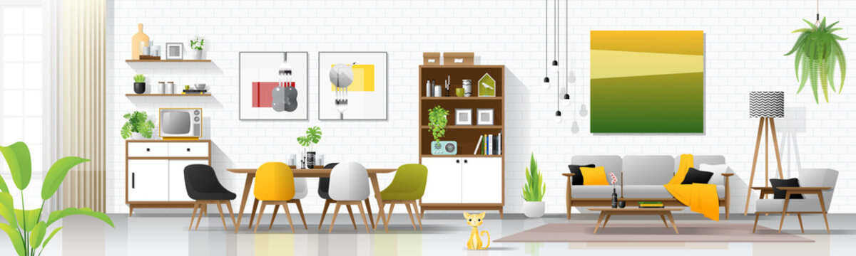 Modern house interior background with living and dining room combination , vector , illustration