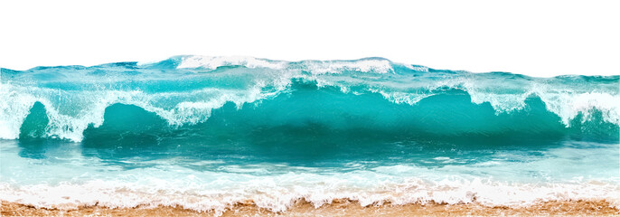 Blauw en aquamarijn kleur zee golven en geel zand met wit schuim geïsoleerd op een witte achtergrond. Mariene strand achtergrond.