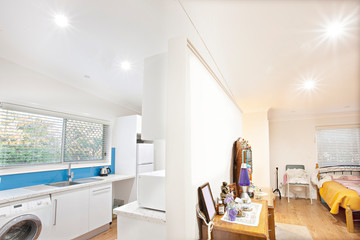 Open plan apartment with view of kitchen and bed