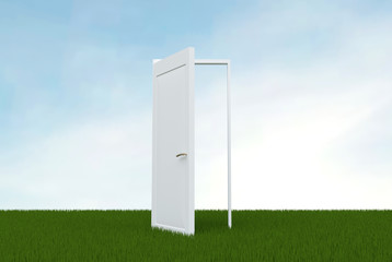 White open door in a field of green grass, clear blue sky on the background.  Concept of dream fulfillment.