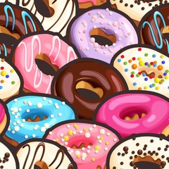 Vector seamless pattern with tasty glazed donuts