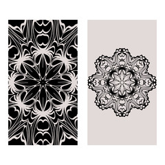 Templates Card With Mandala Design. Heathcare, Lifestyle Flyer. Vector Illustration. Black brown color