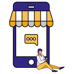 young man using smartphone with parasol