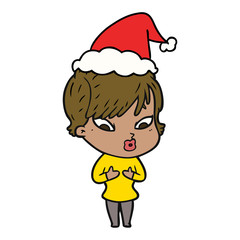 line drawing of a woman wearing santa hat