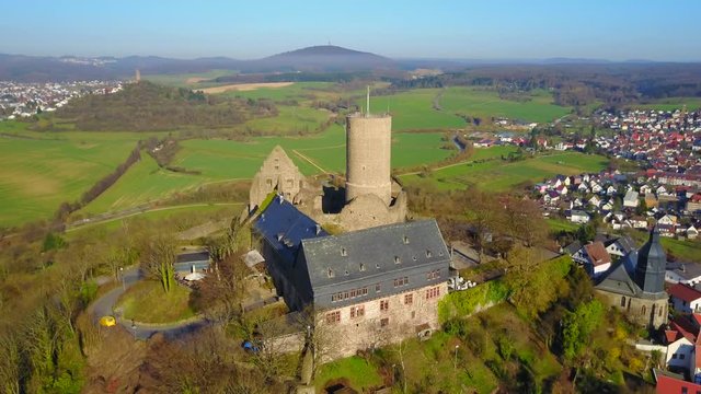 Sunny Aerial View Medieval Ruins Gleiberg Wettenberg Germany Camera Circling Over Fort Hill