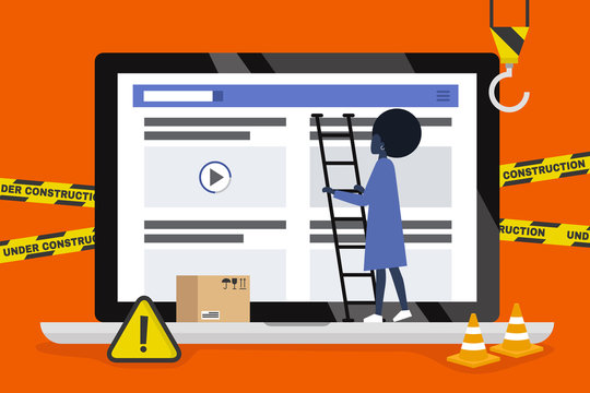 Web design and development. Site under construction. A young male professional working on a landing page. Flat vector illustration, clip art. Millennials at work. Digital creative industry.