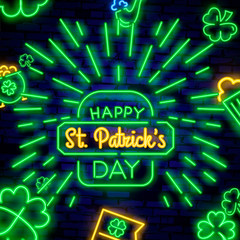 St. Patrick's Day neon sign. Web banner, logo, emblem and label. Neon sign, bright signboard, light banner. Vector illustration